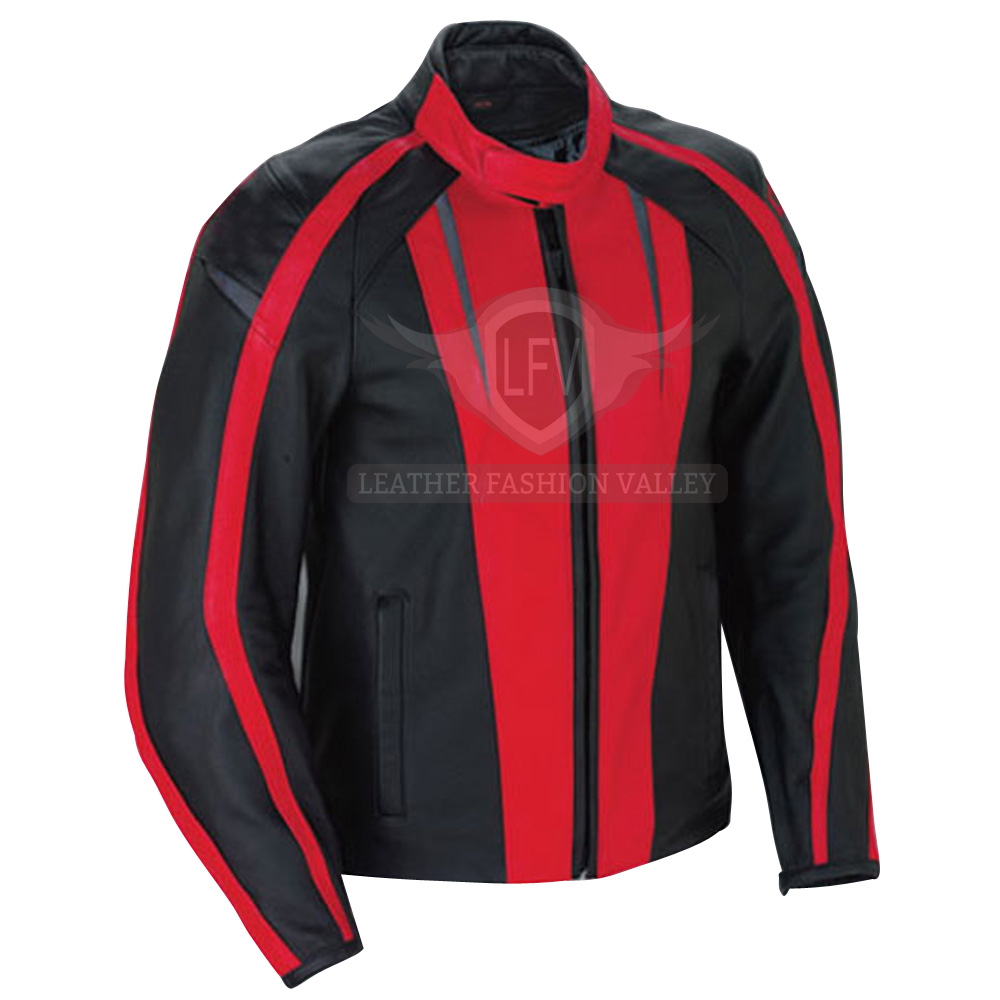 Attractive Black & Red Patches Design Leather Jacket