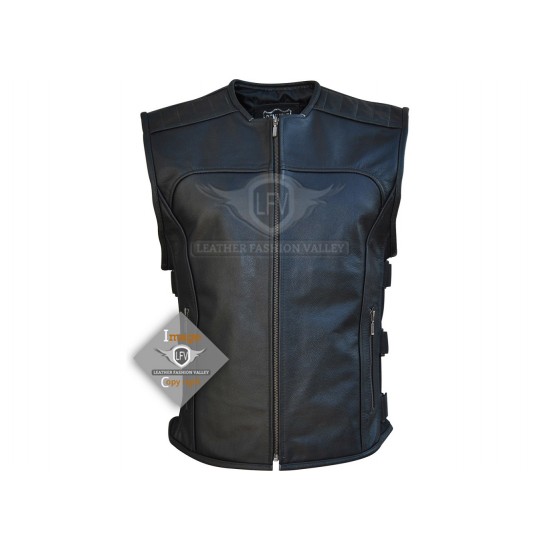 Mens Silm Motorbike Black Leather Vest Jacket