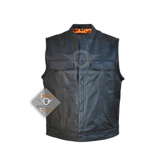 Mens Motorbike Black Leather Vest Jacket