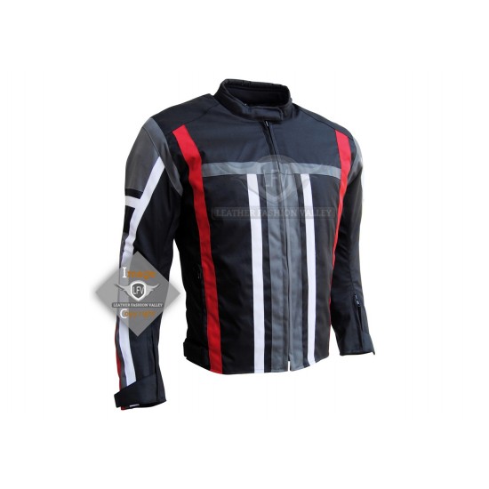 Textile Motorbike Men Black With Multi Color Contrast Leather Jackets A