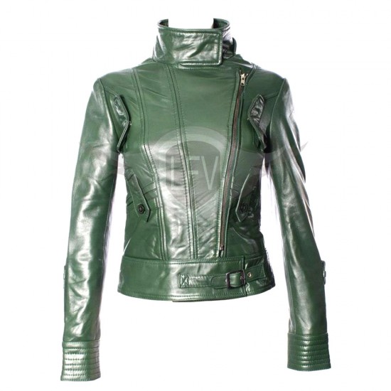 Ladies Green Rock Style Biker Leather Jacket