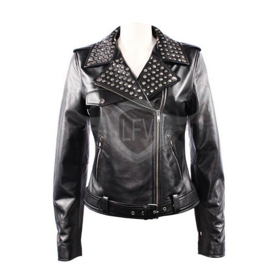 Miley Cyrus Black Steel Studded Leather Jacket