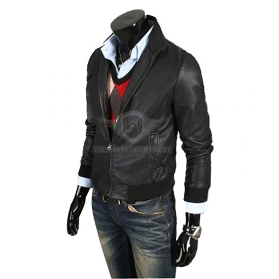 Men Black Slim Fit Bomer Leather Jacket