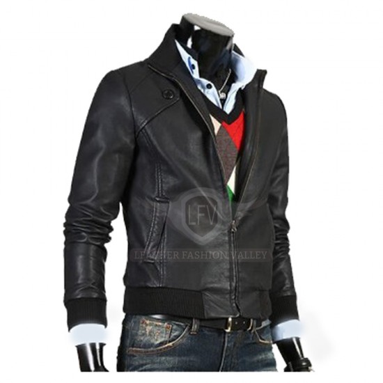 Men Black Slim Fit Bomer Leather Jacket