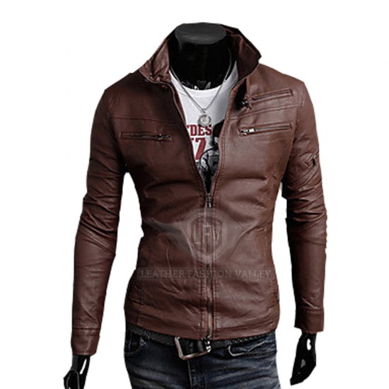 Brown Multi Pocket Slim Fit Leather Jacket