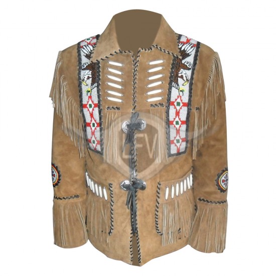 Beaded Fringed Men's Western Leather Suede Jacket