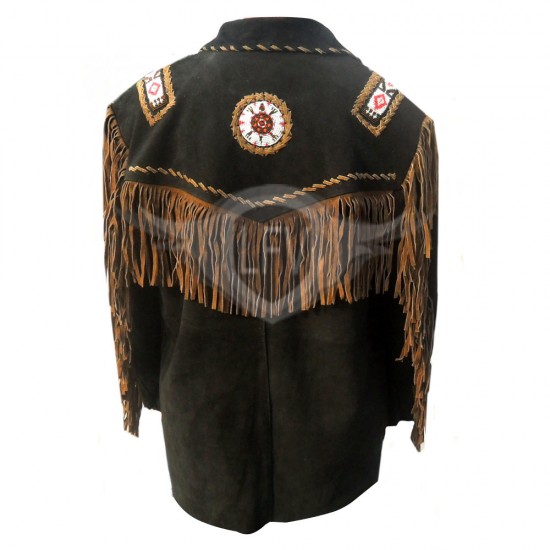 Mens Leather Western Jacket With Fringe, Bone & Beads