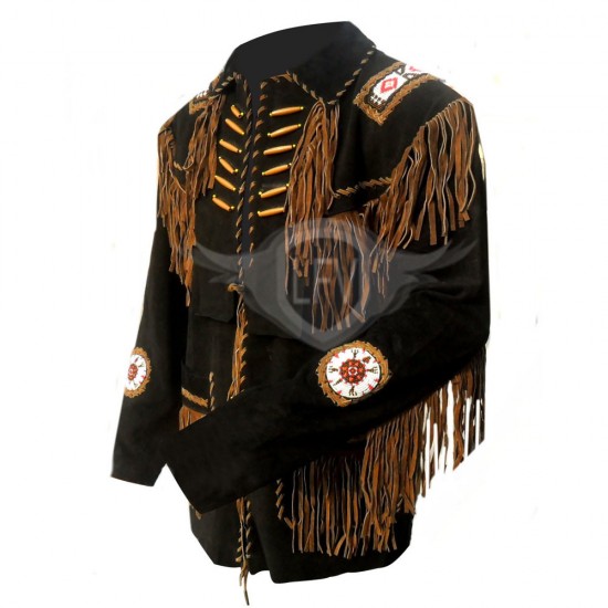 Mens Leather Western Jacket With Fringe, Bone & Beads